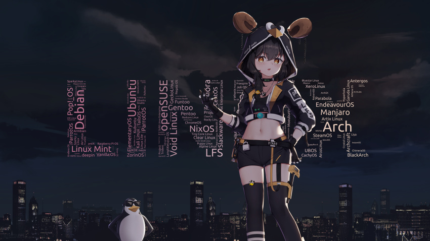 absurdres animal bird black_gloves black_hair black_jacket black_thighhighs building chains choker cityscape commission cropped_jacket female gloves gnu highres hood hood_up hooded_jacket jacket jewelry krita_(medium) linux linux-tan looking_at_viewer navel necklace night os-tan penguin pixiv_commission raviolimavioli solo sunglasses thighhighs tux yellow_eyes