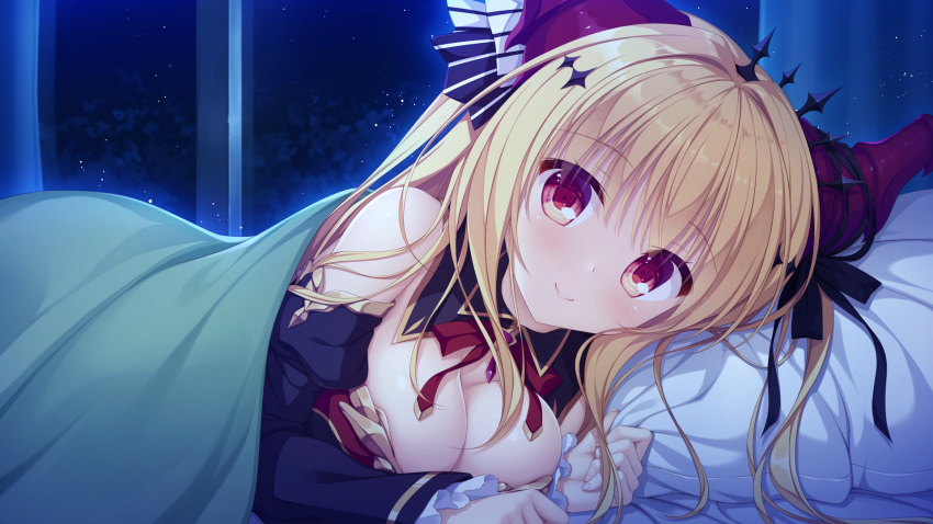 bed blonde_hair blush drapri_guu-ta-life game_cg haru_(drapri_guu-ta-life) horns long_hair red_eyes ribbons takano_yuki whirlpool