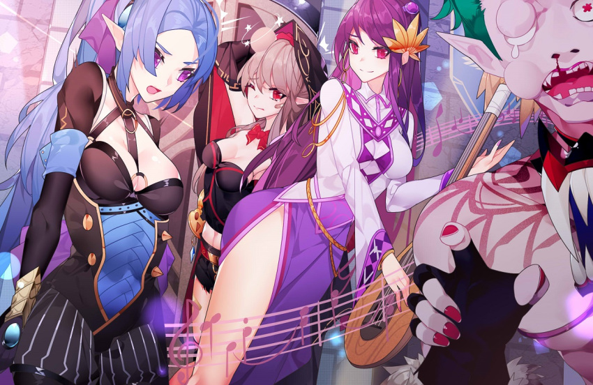 1boy 3girls bare_legs beaten black_dress black_shirt blue_hair breasts character_request dizzy dress dungeon_and_fighter fist_bump ikki_the_vikki iris_fortune_singer light_brown_hair long_hair multiple_girls nami_qi niu_(dungeon_and_fighter) one_eye_closed purple_background purple_hair red_eyes shirt side_ponytail skirt_cutout smile white_dress