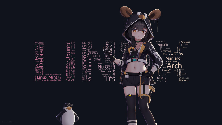 absurdres animal bird black_gloves black_hair black_jacket black_thighhighs chains choker commission cropped_jacket female gloves gnu highres hood hood_up hooded_jacket jacket jewelry krita_(medium) linux linux-tan looking_at_viewer navel necklace os-tan penguin pixiv_commission raviolimavioli solo sunglasses thighhighs tux yellow_eyes