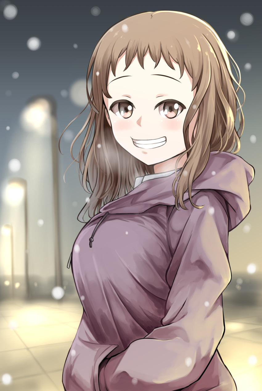 blurry breasts brown_eyes brown_hair commentary_request depth_of_field female grin hands_in_pockets highres hood hooded_jacket hoodie jacket just_because! komiya_ena lamppost large_breasts looking_at_viewer purple_hoodie rorimo smile snow solo wavy_hair