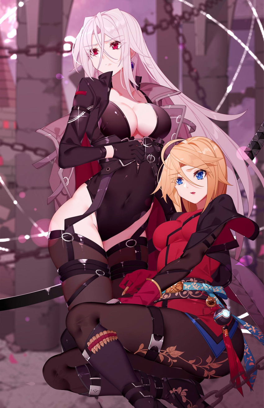 2girls black_gloves blonde_hair blue_eyes breasts brown_pantyhose chains cleavage_cutout clothing_cutout dungeon_and_fighter female_gunner_(dungeon_and_fighter) female_ranger_(dungeon_and_fighter) female_slayer_(dungeon_and_fighter) glint gloves highres long_hair long_sleeves multiple_girls nami_qi pantyhose parted_lips pillar red_eyes revealing_clothes sitting spectre_(dungeon_and_fighter) upper_body white_hair