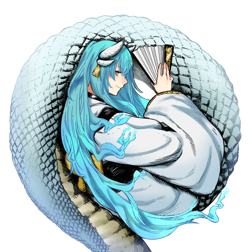 blue_hair closed_mouth coiled commentary_request ear_tag fate/grand_order fate_(series) female folding_fan hand_fan hatching_(texture) highres holding holding_fan horns kiyohime_(fate) kosai lamia light_blue_hair long_hair monster_girl multiple_horns profile round_image scales simple_background slit_pupils smile solo very_long_hair white_background yellow_eyes