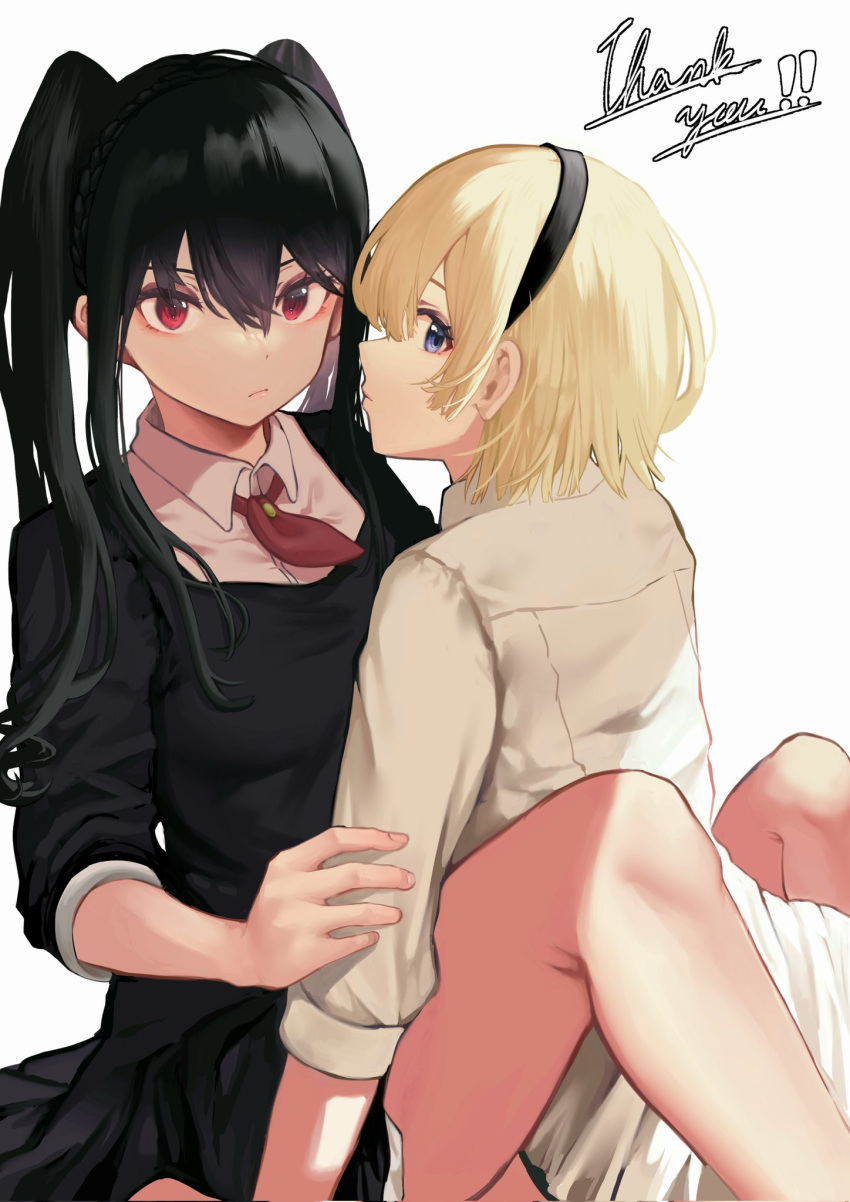 2girls aya_(idolmaster_starlit_season) black_dress black_hair blonde_hair blue_eyes closed_mouth collared_shirt commission dress english_text hair_between_eyes hairband highres hug idolmaster idolmaster_starlit_season long_hair long_sleeves looking_at_viewer multiple_girls necktie okuzora_kohaku red_eyes red_neckwear shirt short_hair simple_background skeb_commission twintails white_background white_shirt yamada_(iroha97151188) yuri