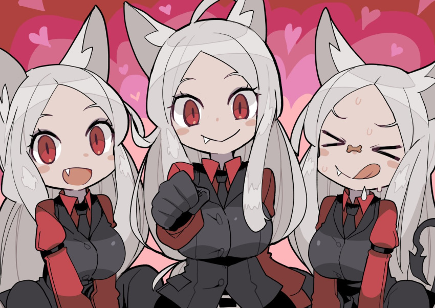 >_< 3girls :q animal_ears arm_garter black_gloves black_necktie blush breasts cerberus_(helltaker) closed_eyes demon_tail dog_biscuit dog_ears dog_treat gloves grey_hair heart helltaker large_breasts long_hair long_sleeves multiple_girls necktie oerba_yun_fang open_mouth pet_food red_eyes red_shirt sakutake_(ue3sayu) shirt siblings simple_background sisters smile sweat tail tongue tongue_out triplets upper_body vest waistcoat