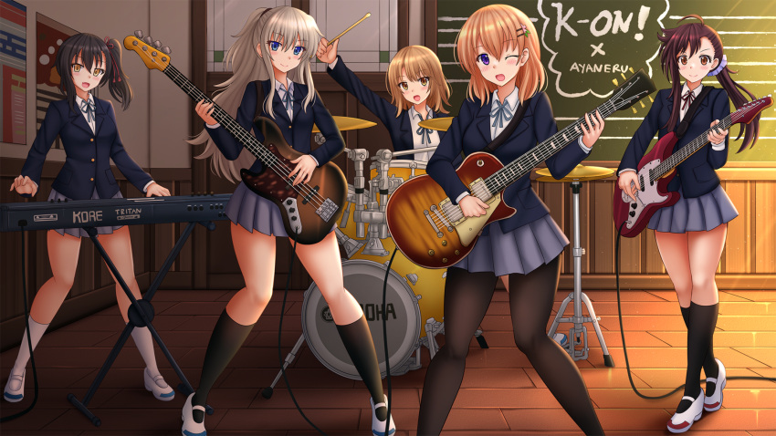 5girls :d ;d ahoge band bass_guitar black_hair black_pantyhose black_socks blazer blue_eyes blue_jacket blue_ribbon blue_skirt blush brown_eyes brown_hair charlotte_(anime) closed_mouth collared_shirt commentary commission cosplay crossover dress_shirt drum drum_set electric_guitar english_commentary feet_out_of_frame gochuumon_wa_usagi_desu_ka? grey_hair guitar hair_between_eyes highres holding holding_instrument hoto_cocoa indoors instrument isshiki_iroha jacket k-on! kazenokaze keyboard_(instrument) kishuku_gakkou_no_juliet kneehighs komai_hasuki long_hair multiple_crossover multiple_girls neck_ribbon nisekoi one_eye_closed onodera_haru open_clothes open_jacket open_mouth pantyhose pleated_skirt ponytail purple_eyes red_eyes ribbon sakura_ayane sakuragaoka_high_school_uniform school_uniform shirt shoes side_ponytail skirt smile socks standing tomori_nao uwabaki very_long_hair voice_actor_connection white_footwear white_legwear white_shirt winter_uniform wooden_floor yahari_ore_no_seishun_lovecome_wa_machigatteiru.