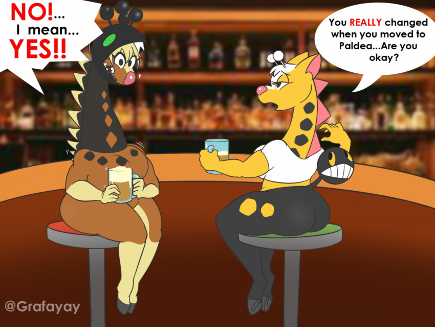 4:3 alcohol anthro beer beverage big_breasts breasts duo english_text farigiraf female generation_2_pokemon generation_9_pokemon girafarig giraffid grafayay mammal nintendo pokemon pokemon_(species) pub speech_bubble text yelling