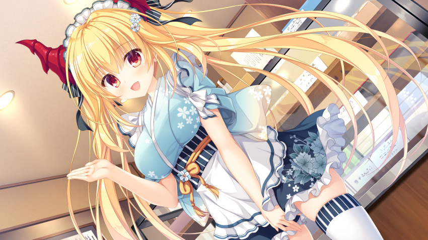 blonde_hair blush drapri_guu-ta-life dress game_cg haru_(drapri_guu-ta-life) horns long_hair red_eyes ribbons takano_yuki thighhighs whirlpool