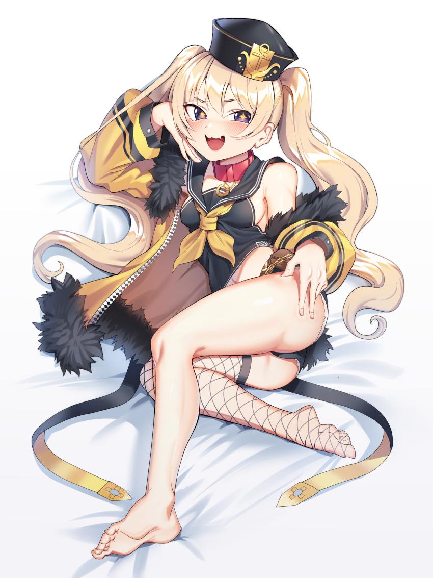 +_+ :3 :d absurdres ass azur_lane bache_(azur_lane) bare_shoulders barefoot black_sailor_collar blonde_hair blush breasts collar feet female fishnet_thighhighs fishnets full_body fur-trimmed_jacket fur_trim goback hair_between_eyes hat highres jacket long_hair looking_at_viewer micro_shorts no_shoes oerba_yun_fang open_mouth purple_eyes red_collar sailor_collar shorts single_thighhigh small_breasts smile soles solo thighhighs toes yellow_jacket