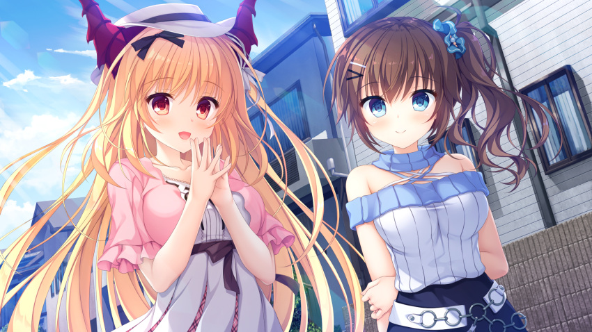 blonde_hair blue_eyes blush brown_hair drapri_guu-ta-life dress game_cg haru_(drapri_guu-ta-life) hat horns ichinose_suzuka long_hair ponytail red_eyes ribbons takano_yuki whirlpool