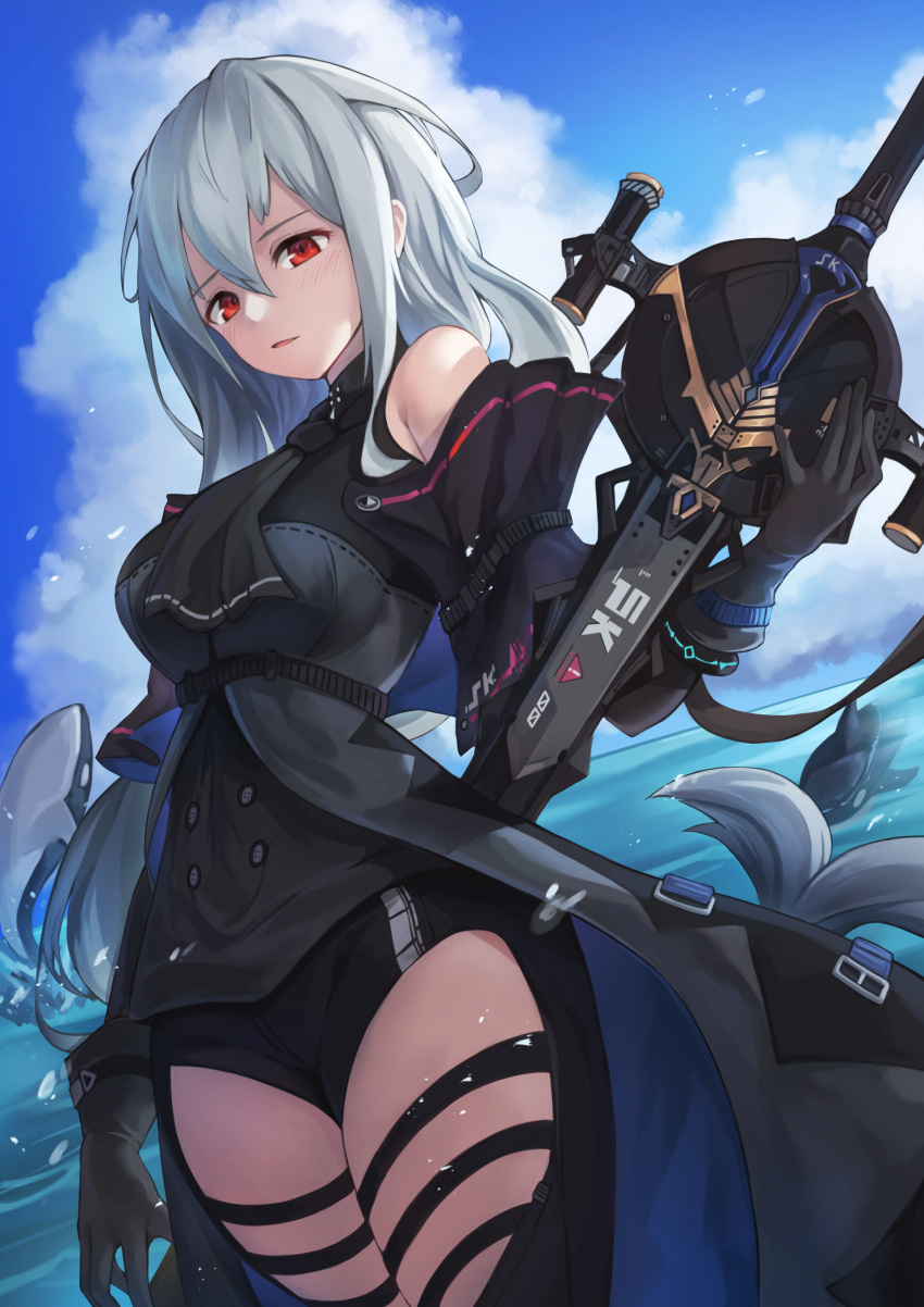 absurdres arknights bare_shoulders black_gloves black_pants blush breasts clothing_cutout cloud cloudy_sky commentary dutch_angle female from_below gloves grey_hair hair_between_eyes highres holding holding_weapon large_breasts long_hair looking_at_viewer miso_(b7669726) ocean outdoors pants parted_lips red_eyes shirt skadi_(arknights) skadi_(elite_ii)_(arknights) sky solo thigh_cutout very_long_hair weapon