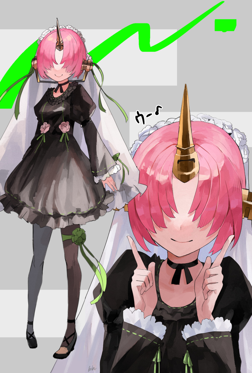 bebe_(bebe_pp) black_choker black_dress black_footwear black_pantyhose blush breasts choker commentary_request double_bun dress fate/apocrypha fate_(series) female flower frankenstein's_monster_(fate) frankenstein's_monster_(under_the_same_sky)_(fate) frills hair_bun hair_ornament hair_over_one_eye highres horns long_sleeves looking_at_viewer mechanical_horns multiple_views pantyhose pink_flower pink_hair short_hair single_horn smile