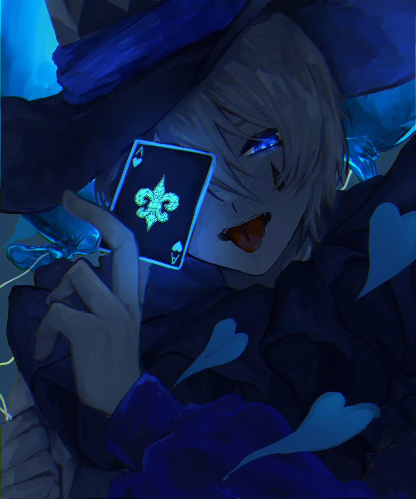 blue_hat blue_theme card clown commentary_request confetti envy_baby_(vocaloid) facial_mark female glowing glowing_eye hat heart highres holding holding_card limited_palette long_sleeves looking_at_viewer neck_ruff nijisanji nijisanji_kr oh_jiyu one_eye_covered open_mouth playing_card puffy_long_sleeves puffy_sleeves sayu_(yyyyy_vt) solo teardrop_facial_mark tongue tongue_out top_hat virtual_youtuber white_hair