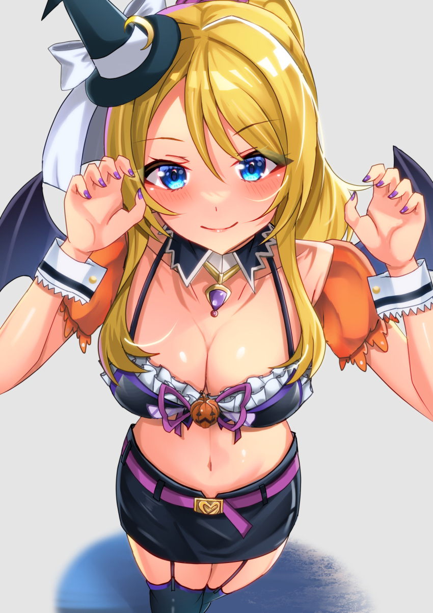 ayase_eli birthday blush breasts claw_pose cleavage collarbone commentary demon_wings female garter_straps hat high_ponytail highres large_breasts long_hair love_live! love_live!_school_idol_project midriff miniskirt navel ponytail purple_nails sidelocks skirt smile solo thighhighs wings witch_hat zacky