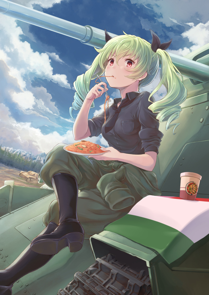 anchovy_(girls_und_panzer) anzio_(emblem) anzio_military_uniform black_necktie black_ribbon black_shirt blush boots carro_armato_p40 carro_veloce_cv-33 clothes_around_waist cloud collared_shirt commentary_request cup disposable_cup drill_hair eating emblem female food fork girls_und_panzer green_hair hair_ribbon highres italian_flag jacket jacket_around_waist long_hair looking_at_viewer military military_vehicle misashi_(raichi821) motor_vehicle napolitan necktie outdoors pants pants_tucked_in pasta plate red_eyes ribbon shirt sitting sky sleeves_rolled_up solo spaghetti tank twin_drills twintails