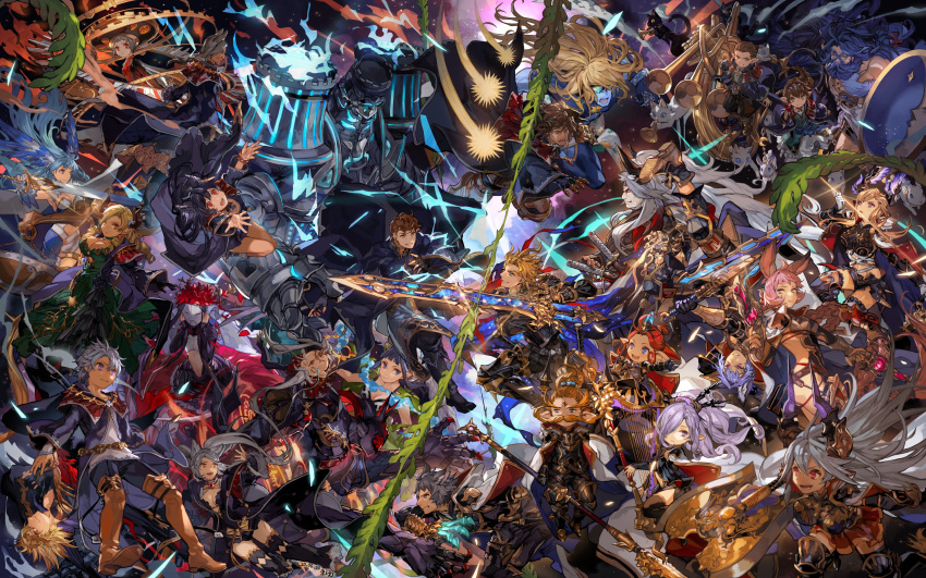 6+boys 6+girls absurdres alanaan animal_ears anre_(granblue_fantasy) armor axe bare_legs battle beard black_gloves black_hair blonde_hair blue_hair bow_(weapon) braid breasts brown_eyes brown_hair caim_(granblue_fantasy) cape cleavage cloak closed_eyes commentary_request death_(granblue_fantasy) draph drill_hair eahta_(granblue_fantasy) ear_piercing erune estarriola facial_hair feline feower_(granblue_fantasy) fif_(granblue_fantasy) fraux gauntlets geisenborger gloves granblue_fantasy greaves grey_eyes grey_hair grin gun haaselia hair_ornament hair_over_one_eye harp harvin highres horns instrument judgement_(granblue_fantasy) justice_(granblue_fantasy) katana katzelia large_breasts lobelia_(granblue_fantasy) long_hair looking_up maria_theresa_(granblue_fantasy) mask messy_hair moustache multiple_boys multiple_girls nier_(granblue_fantasy) niyon_(granblue_fantasy) open_mouth outstretched_arms piercing pointy_ears polearm red_eyes seofon_(granblue_fantasy) seox_(granblue_fantasy) serious sheath sheathed smile spear sword tears temperance_(granblue_fantasy) the_devil_(granblue_fantasy) the_hanged_man_(granblue_fantasy) the_moon_(granblue_fantasy) the_star_(granblue_fantasy) the_sun_(granblue_fantasy) the_tower_(granblue_fantasy) threo_(granblue_fantasy) tien_(granblue_fantasy) toujou_bun trumpet tweyen_(granblue_fantasy) unworn_mask weapon wide_sleeves