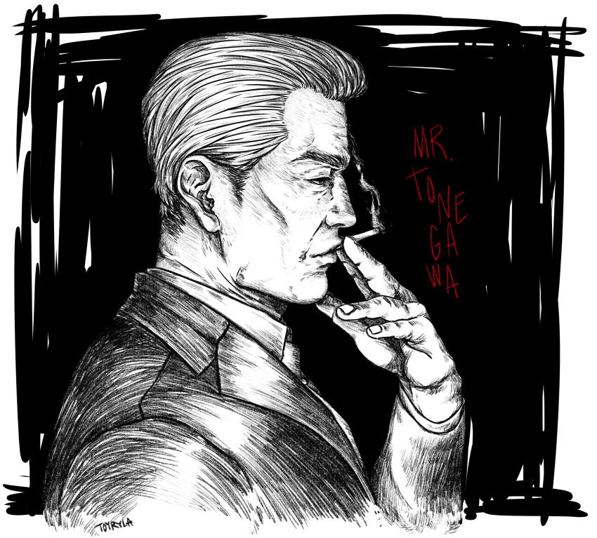 1boy absurdres artist_name character_name cheekbones chuukan_kanriroku_tonegawa cigarette from_side greyscale highres holding holding_cigarette kaiji male_focus monochrome old old_man realistic smoking solo spot_color tonegawa_yukio toyryla