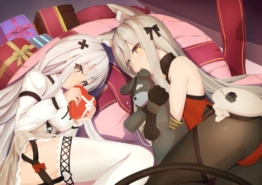 2girls 88_flak_(ash_arms) :3 animal_ear_fluff animal_ears arm_garter ash_arms ass black_bow black_tail bow brown_eyes cable cable_tail cat_ears closed_mouth commentary_request garter_straps gift grey_hair grey_skirt hair_ornament hairbow halterneck heart_bed holding holding_gift holding_stuffed_toy kerureru leotard long_hair looking_at_viewer lying mechanical_tail mouth_hold multiple_girls on_bed on_side red_leotard shirt skirt slit_pupils smile stuffed_animal stuffed_toy tail teddy_bear thighhighs valentine vk16.02_leopard_(ash_arms) white_hair white_legwear white_shirt x_hair_ornament yellow_eyes