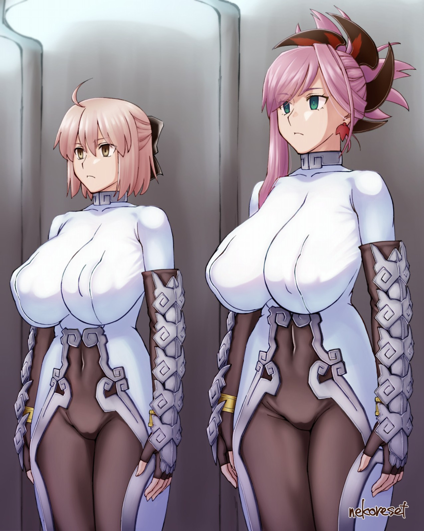 2girls ahoge arm_guards black_bodysuit black_bow black_gloves blonde_hair blue_eyes bodysuit bow breasts brown_eyes cosplay covered_navel covered_nipples elbow_gloves fate/grand_order fate_(series) fingerless_gloves gloves hair_ornament hairbow half_updo highres jewelry koha-ace large_breasts long_hair miyamoto_musashi_(fate) multiple_girls neck_ring nekoreset13 okita_souji_(fate) okita_souji_(koha-ace) pink_hair ponytail qin_liangyu_(fate) qin_liangyu_(fate)_(cosplay) short_hair swept_bangs white_bodysuit