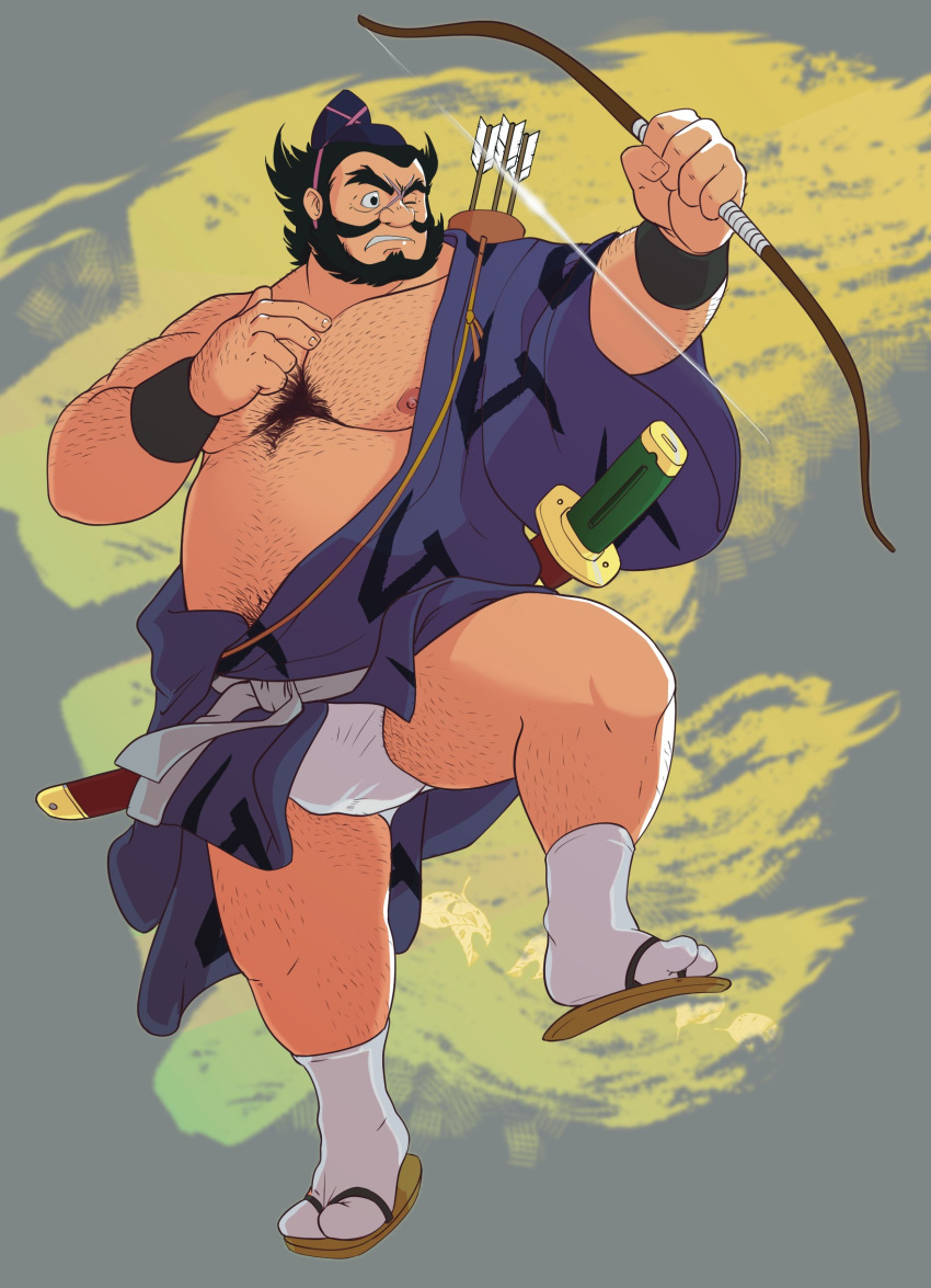 1boy absurdres akuemon arm_hair arrow_(projectile) bara bare_pectorals beard belly bow_(weapon) bulge chest_hair english_commentary facial_hair fat fat_man forked_eyebrows full_body fundoshi gdoubt_(picsontop) hairy headwear_request hidari_taisho highres holding holding_bow_(weapon) holding_weapon japanese_clothes large_pectorals leg_hair male_focus male_underwear male_underwear_peek mature_male moustache muscular muscular_male mutton_chops nipples pectorals sandals short_hair sideburns socks solo thick_eyebrows thick_thighs thighs underwear weapon white_male_underwear