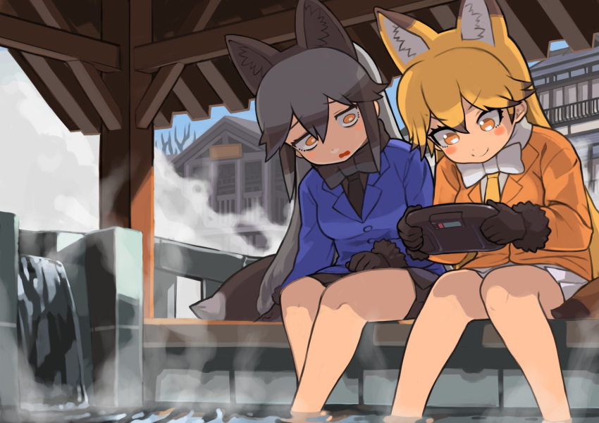 2girls animal_ears ashiyu black_bow black_bowtie black_necktie blonde_hair blush_stickers bow bowtie commentary_request ezo_red_fox_(kemono_friends) foot_bath gloves grey_hair handheld_game_console highres kemono_friends multicolored_hair multiple_girls necktie playing_games pleated_skirt rinx sega_game_gear silver_fox_(kemono_friends) skirt smile steam tail tsurime two-tone_hair