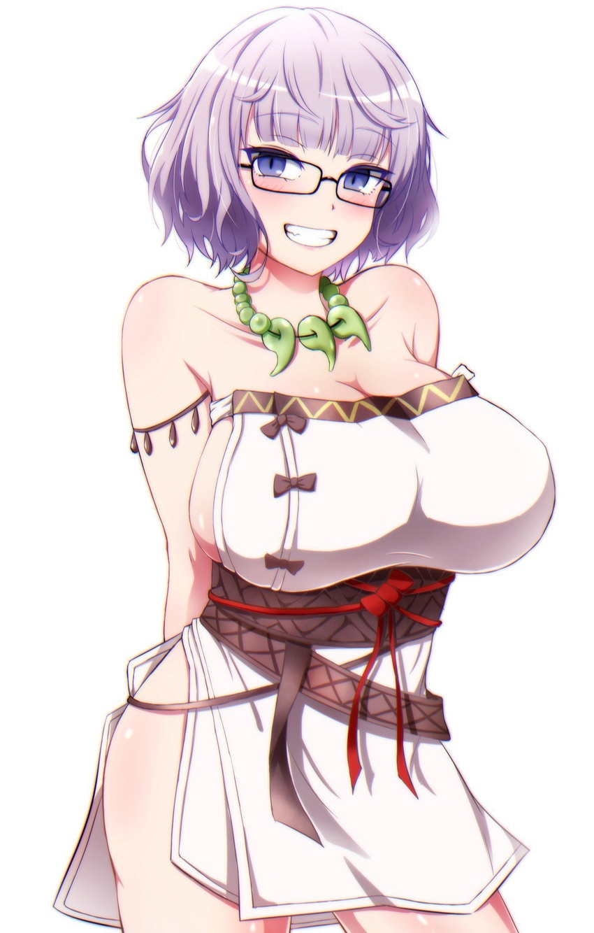 arms_behind_back blue_eyes breasts cosplay fate/grand_order fate_(series) female glasses grey_hair grin highres himiko_(fate) himiko_(fate)_(cosplay) himiko_(first_ascension)_(fate) jacques_de_molay_(foreigner)_(fate) jewelry large_breasts magatama magatama_necklace necklace sideboob smile sotomichi white_background