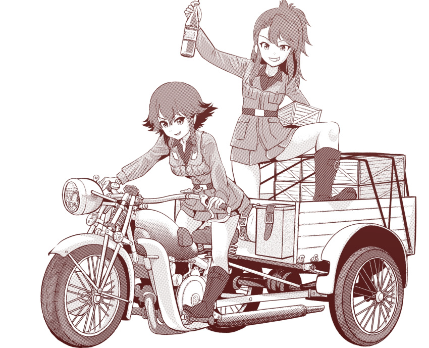 2girls amaretto_(girls_und_panzer) anzio_military_uniform asymmetrical_bangs belt boots bottle box braid commentary_request dress_shirt foot_up girls_und_panzer greyscale grin ground_vehicle halftone highres holding holding_bottle holding_box jacket long_hair long_sleeves looking_at_viewer military military_uniform miniskirt monochrome moto_guzzi_triacle motor_vehicle multiple_girls partial_commentary pepperoni_(girls_und_panzer) riding shirt side_braid skirt smile standing three-wheeler uniform wine_bottle wing_collar yoyokkun