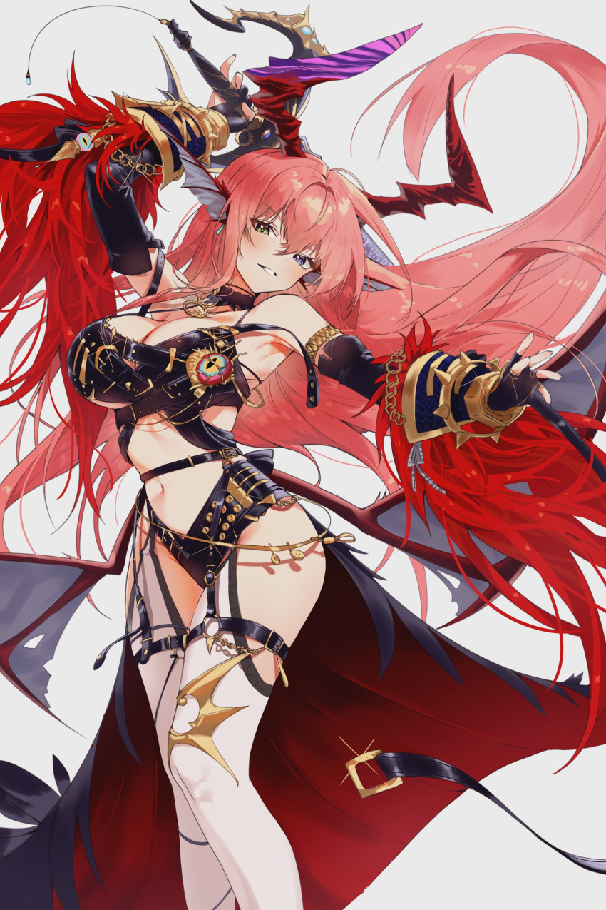 absurdres arms_up bad_id bad_twitter_id bare_shoulders black_gloves blue_eyes breasts chaos_(dungeon_and_fighter) choker crop_top dungeon_and_fighter elbow_gloves female fingerless_gloves garter_straps gloves green_eyes heterochromia highres holding holding_weapon horns kirari_(kira_rin9) knight_(dungeon_and_fighter) korean_commentary large_breasts long_hair looking_at_viewer multicolored_horns navel o-ring parted_lips pink_hair revealing_clothes simple_background smile solo sword thighhighs very_long_hair weapon white_background white_thighhighs wings