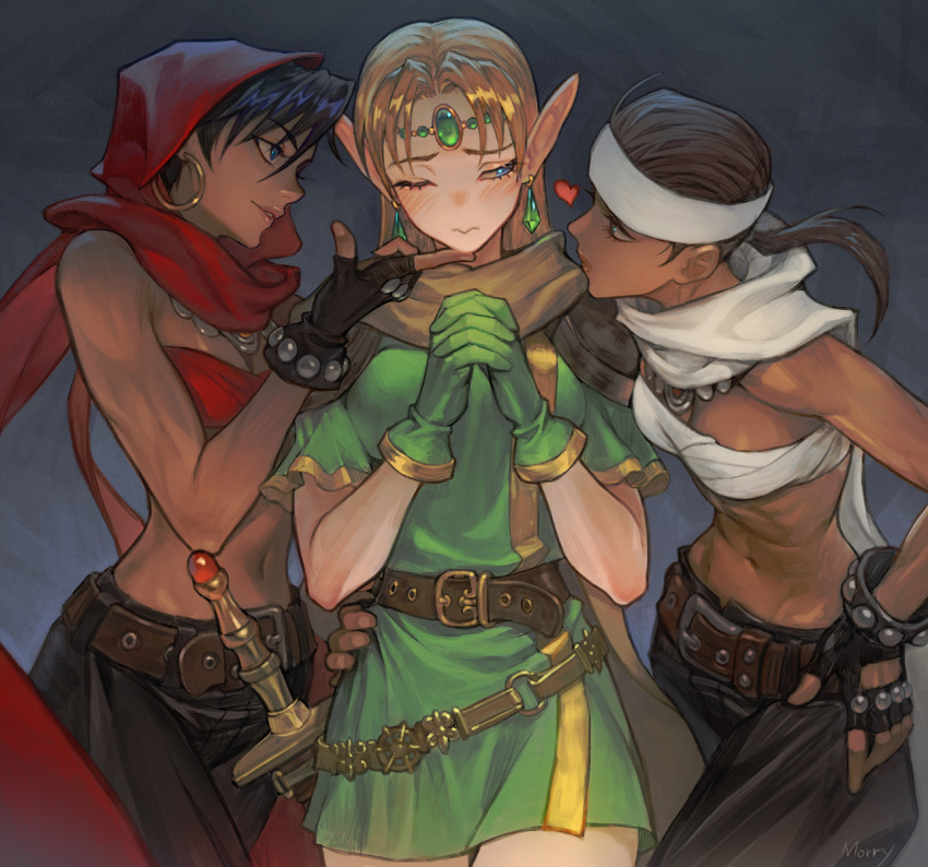 3: 3girls artist_name belt black_hair blonde_hair blue_eyes bracelet breasts brown_hair cleavage commentary cowboy_shot dark-skinned_female dark_skin dungeons_&_dragons dungeons_&_dragons:_shadow_over_mystara earrings elf english_commentary fingerless_gloves forehead_jewel girl_sandwich gloves green_gloves hand_on_own_hip headband heart highres hoop_earrings jewelry long_hair long_pointy_ears looking_to_the_side lucia_(d&d) medium_breasts moriah morry multiple_girls navel necklace one_eye_closed own_hands_clasped own_hands_together pants parted_lips pointy_ears ponytail red_hood red_scarf sandwiched scarf shannon_(d&d) short_hair shoulder_pads studded_gloves sword tan thief toned tunic weapon white_scarf yuri