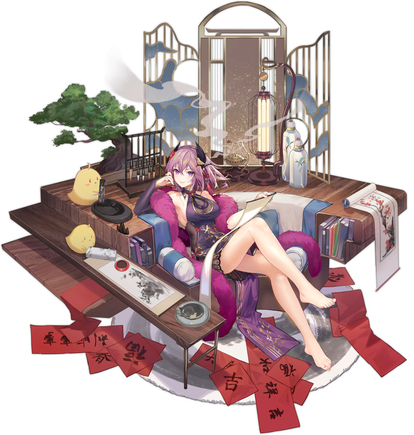 azur_lane bare_shoulders barefoot book bookshelf breasts calligraphy_brush character_name china_dress chinese_clothes cleavage_cutout clothing_cutout criin dress feather_boa feet female full_body gold_trim hair_between_eyes highres horns kirishima_(azur_lane) kirishima_(fragrant_inked_grace)_(azur_lane) legs manjuu_(azur_lane) medium_breasts medium_hair official_alternate_costume official_art paintbrush purple_eyes purple_hair scroll see-through side_slit single_bridal_gauntlet sitting sleeveless sleeveless_dress smoke solo toes transparent_background wooden_floor