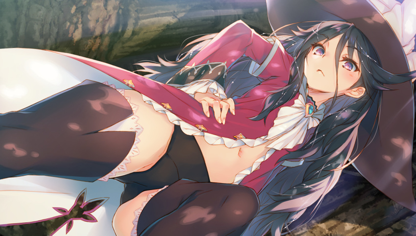 archived_source black_hair black_panties brooch dungeon_travelers_2 female fingernails gina_(dungeon_travelers) hat highres jewelry kawata_hisashi long_hair long_sleeves navel no_pants official_art panties pink_eyes solo thighhighs underwear witch_hat