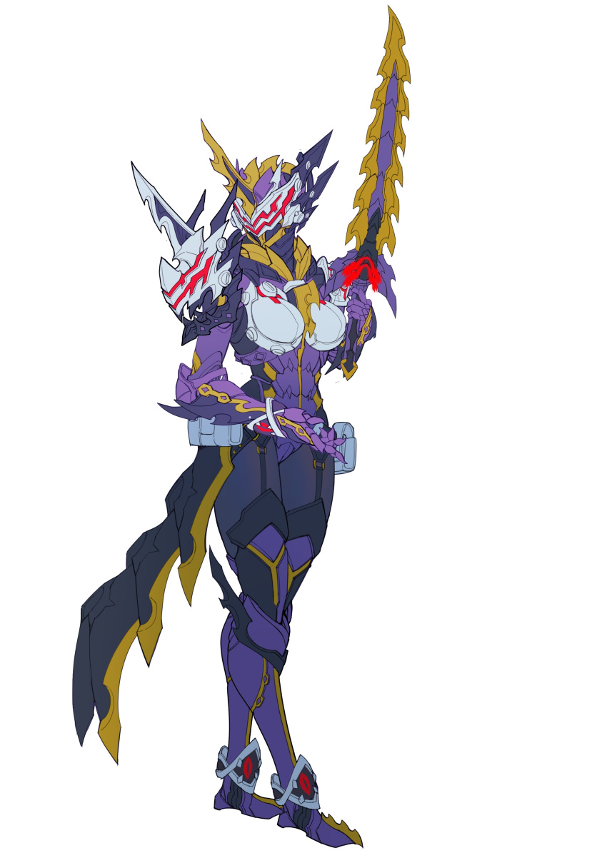 absurdres ankokuken_kurayami armor assault_visor asymmetrical_armor breastplate breasts catball1994 clawed_gauntlets dragon dragon_horns fake_horns fantasy faulds female full_armor garter_straps gauntlets gold_trim gorget greaves helmet highres hissatsu_holder holding holding_sword holding_weapon horned_helmet horns kamen_rider kamen_rider_calibur kamen_rider_saber_(series) large_breasts looking_to_the_side pauldrons purple_armor red_eyes sabaton sharp_teeth shoulder_armor shoulder_spikes silver_trim simple_background single_horn solo spiked_armor spiked_gauntlets spiked_helmet spikes standing sword teeth thick_thighs thighs tokusatsu vambraces weapon white_background wide_hips wonder_ride_book