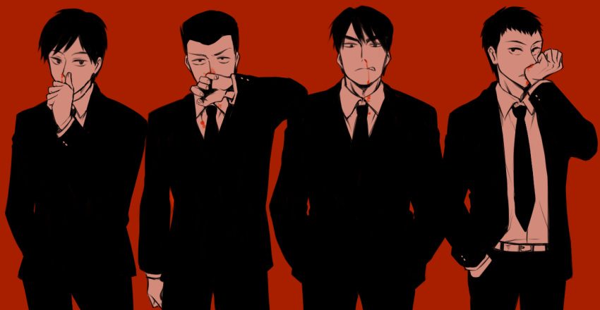 4boys black_necktie black_suit blood chuukan_kanriroku_tonegawa clenched_teeth doushita_kouji ebitani_(chuukan_kanriroku_tonegawa) formal furrowed_brow hands_in_pockets kaiji lineup looking_at_viewer male_focus monochrome multiple_boys necktie nosebleed red_background red_theme saemonsaburou_jirou sideways_glance simple_background suit teeth wiping_blood wiping_nose yamazaki_kenji yomo_(rb_crr)