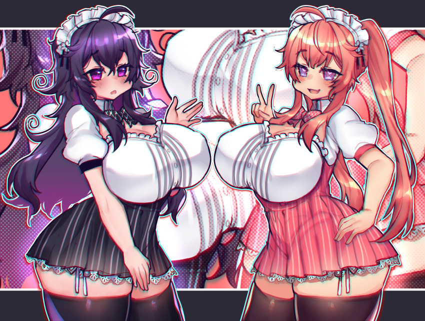 2girls absurdres ahoge black_skirt black_thighhighs breasts cleavage crawling_dreams creator_connection curvy heart heart-shaped_pupils highres indie_virtual_youtuber kireina_(osiimi) large_breasts long_hair maid maid_headdress multiple_girls nyarla_(osiimi) orange_hair osiimi pink_skirt purple_eyes purple_hair skirt symbol-shaped_pupils thick_thighs thighhighs thighs twintails v virtual_youtuber zoom_layer