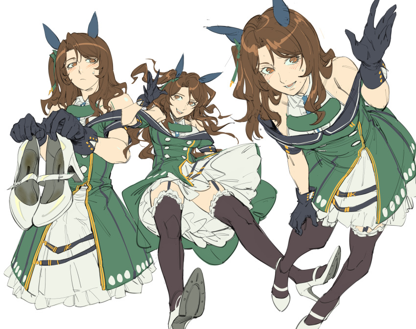 absurdres animal_ears bare_shoulders black_gloves brown_eyes brown_hair brown_thighhighs buttons coat commentary double-breasted dress ear_covers female full_body garter_straps gloves green_coat hair_between_eyes high_heels highres holding holding_shoes horse_ears horse_girl horseshoe king_halo_(umamusume) looking_at_viewer multiple_views off-shoulder_coat off_shoulder one_side_up ruukii_drift shoes sweat thighhighs umamusume unworn_shoes wavy_hair white_dress white_footwear