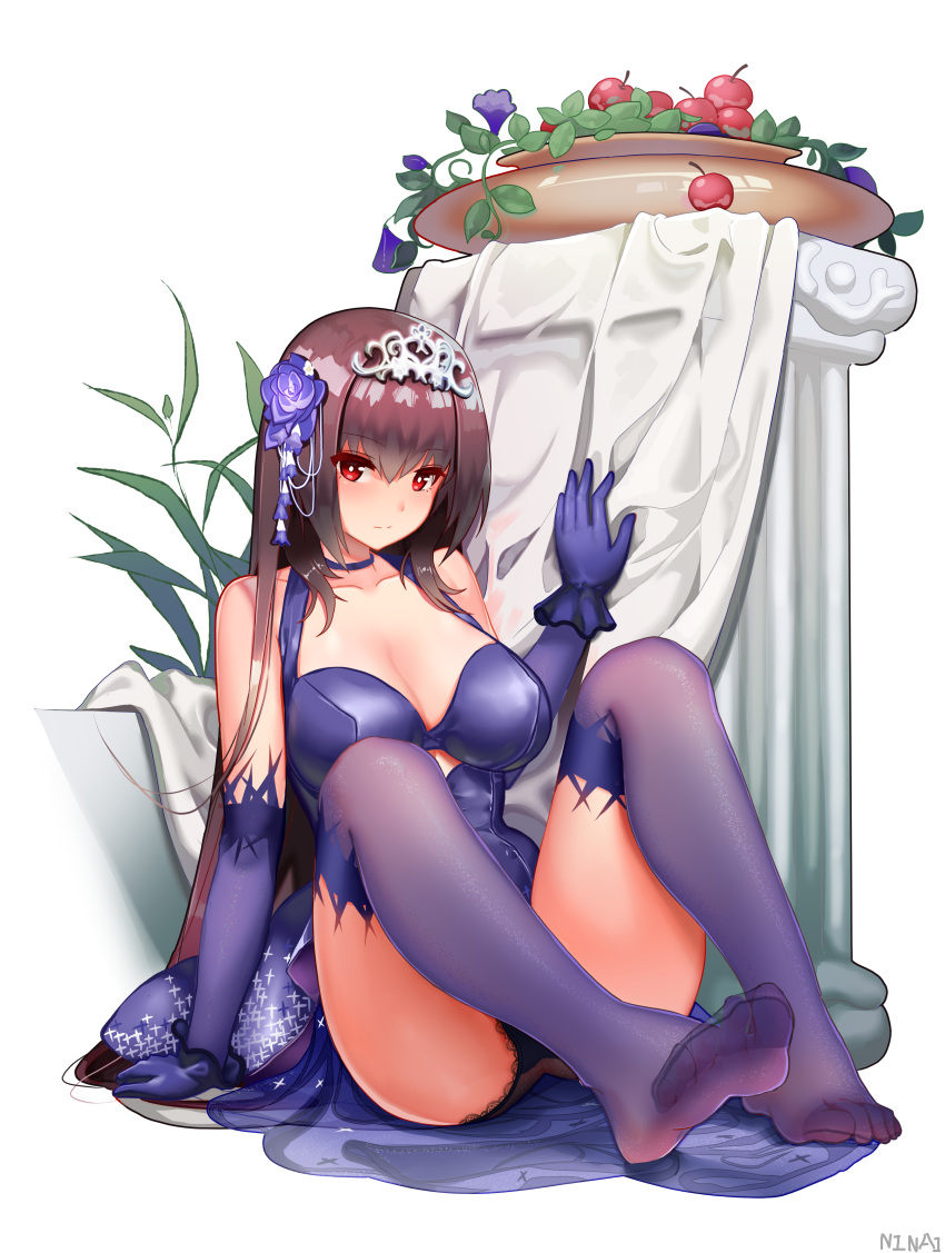 absurdres bare_shoulders blush breasts cherry choker cleavage closed_mouth collarbone dress elbow_gloves fate/grand_order fate_(series) feet female flower food fruit full_body gloves hair_flower hair_ornament highres knees_up large_breasts legs long_hair looking_at_viewer ninai no_shoes panties pot purple_dress purple_gloves purple_hair purple_legwear purple_panties red_eyes scathach_(fate) scathach_(formal_dress)_(fate) simple_background sitting soles thighhighs tiara toes underwear white_background