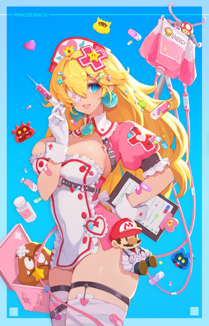 1-up_mushroom ass bandages blonde_hair blue_eyes breasts cleavage cleavage_cutout clothing_cutout colorful crown_(symbol) decora dr._mario dr._mario_(game) earrings female fire_flower goomba hair_ornament hair_over_one_eye hand_on_own_hip hat heart highres intravenous_drip iv_stand jewelry looking_at_viewer mario mario_(series) medicine mushroommirror nurse nurse_cap one_eye_covered pill princess_peach skin_tight skindentation sphere_earrings star_(symbol) super_mushroom super_star_(mario) syringe tablet_pc thick_thighs thigh_strap thighs virus_(dr._mario)