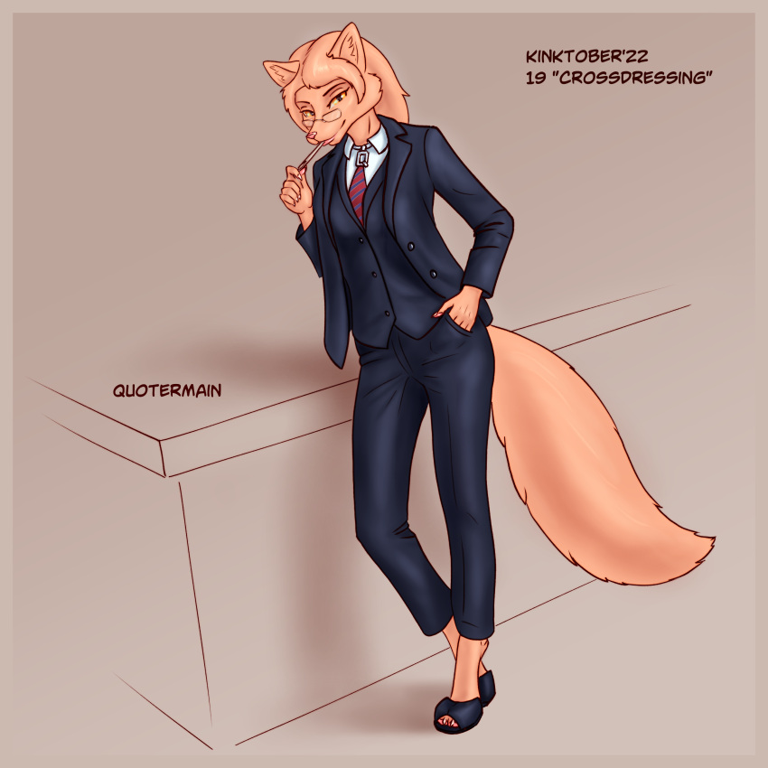 1:1 2022 absurd_res anthro biped canid canine clothed clothing crossdressing diana_(quotermain) female footwear fox hi_res kinktober mammal necktie quotermain shoes suit_and_tie