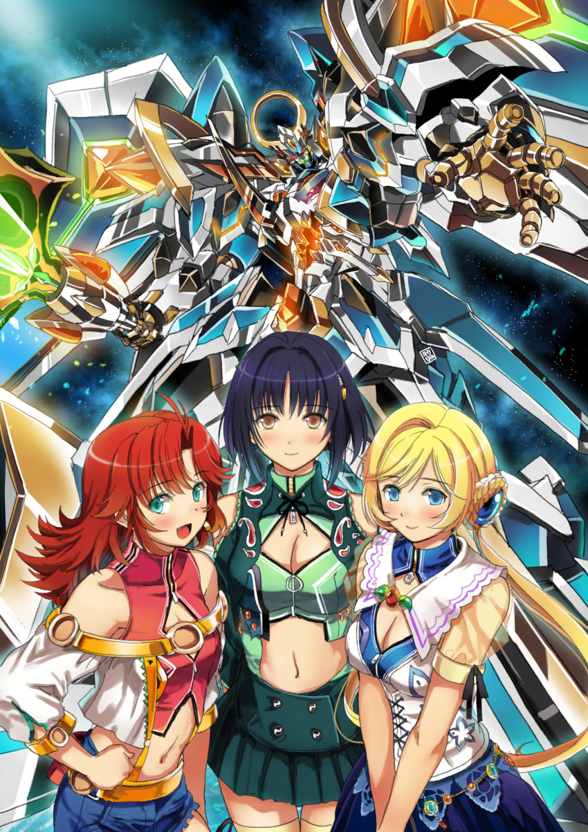 3girls black_eyes blonde_hair blue_eyes breasts brown_eyes cleavage clothing_cutout commentary_request crop_top double_bun festenia_muse garimpeiro gimp_(medium) granteed_dracodeus green_eyes hair_bun highres holding holding_sword holding_weapon katia_grineal long_hair looking_down low-tied_long_hair mecha mechanical_wings medium_hair melua_melna_meia midriff multiple_girls open_hand red_eyes red_hair robot science_fiction short_hair space stomach_cutout super_robot super_robot_wars super_robot_wars_judgement super_robot_wars_og_moon_dwellers super_robot_wars_original_generation sword thighhighs twintails weapon wings