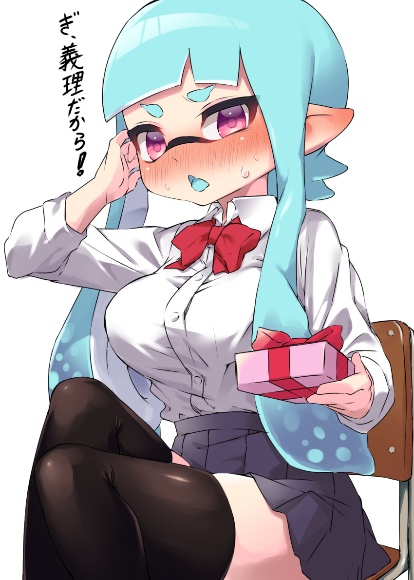 agent_3_(splatoon) aqua_hair aqua_tongue black_thighhighs blue_skirt blunt_bangs blush bow bowtie chair colored_tongue commentary dress_shirt female frown giving hand_in_own_hair highres inkling knee_up long_hair long_sleeves looking_at_viewer miniskirt on_chair open_mouth penguin_maru_(penginmaru) pleated_skirt pointy_ears purple_eyes red_bow red_bowtie school_chair school_uniform shirt simple_background sitting skirt solo splatoon_(series) tentacle_hair thighhighs translated valentine white_background white_shirt wing_collar