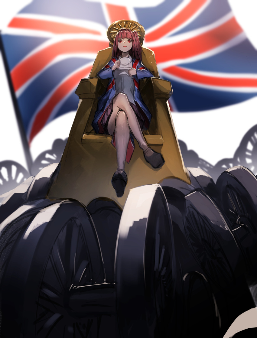 absurdres blunt_bangs commentary_request crossed_legs cup empty_eyes female fixro2n flag flag_print from_below full_body highres holding holding_cup holding_saucer jacket kotonoha_akane light_smile long_hair long_sleeves looking_at_viewer looking_down one_side_up open_clothes open_jacket open_mouth panjandrum pink_hair pleated_skirt print_jacket purple_skirt red_eyes saucer shirt shoes skirt solo teacup throne too_many union_jack voiceroid white_background white_shirt wide_shot