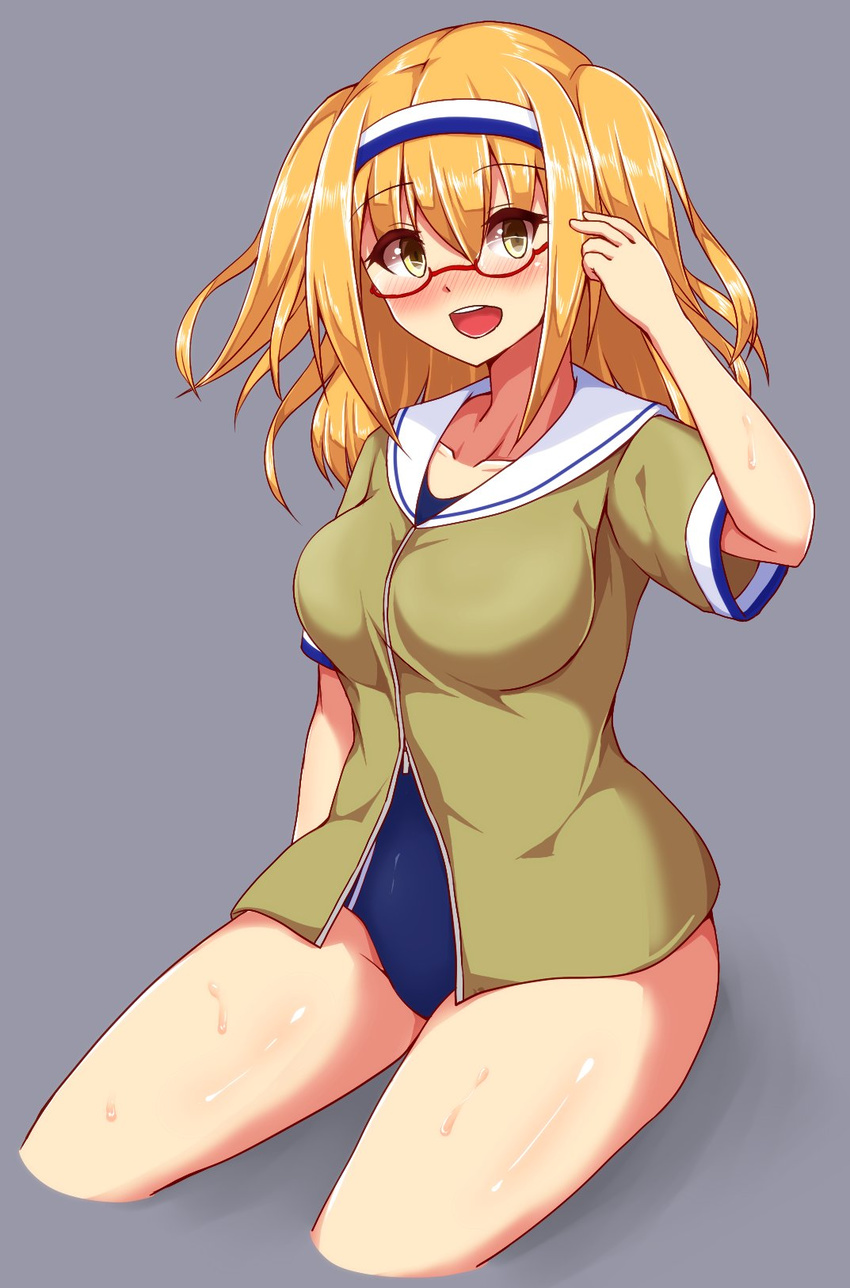 bespectacled blush breasts brown_eyes commentary_request female glasses hairband hakuhou_(ende_der_welt) highres i-26_(kancolle) jacket kantai_collection large_breasts light_brown_hair long_hair new_school_swimsuit open_mouth sailor_collar school_swimsuit semi-rimless_eyewear short_sleeves smile solo swimsuit swimsuit_under_clothes two-tone_hairband two_side_up