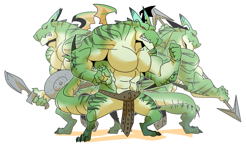 2016 3_toes 5_fingers abs anthro belt biceps big_biceps big_muscles black_claws bottomwear bravely_default bravely_second claws clenched_teeth clothed clothing colored digital_media_(artwork) dragon empty_eyes feet fighting_pose fingers front_view frown green_body green_claws green_markings green_scales group happyending holding_melee_weapon holding_object holding_sword holding_weapon huge_muscles lance_(disambiguation) loincloth long_tail male markings melee_weapon membrane_(anatomy) membranous_wings metal multicolored_body multicolored_scales muscular muscular_male mythological_creature mythological_scalie mythology pecs polearm pose red_eyes scales scalie serratus shaded sharp_teeth shield silicon_studio simple_background snout striped_body stripes sword tail teeth thick_tail toes toony topless two_tone_body two_tone_scales warrior weapon white_background wings yellow_body yellow_scales