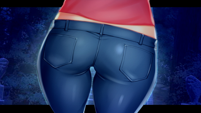 aniyome_yoshino_to_boku_no_pakopako_onsen_monogatari ass ass_focus blue_pants close-up denim female from_behind groin highres hips jeans legs original pants pink_shirt shiny shiny_clothes shirt standing suishoku_sendan thigh_gap thighs