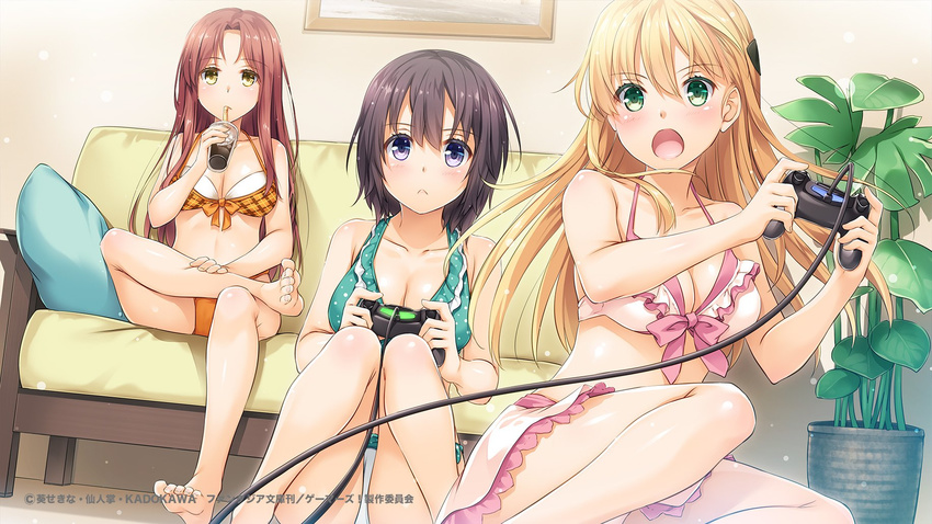 3girls :< barefoot bikini black_hair blonde_hair blush breasts brown_hair cable cleavage closed_mouth collarbone commentary_request company_name copyright_name couch cushion drink drinking drinking_straw dutch_angle end_card frilled_bikini frills front-tie_top gamers! green_bikini green_eyes hair_between_eyes hair_ornament hand_on_own_leg highres holding hoshinomori_chiaki indoors knees_together_feet_apart large_breasts long_hair multiple_girls nakajima_yuka on_floor ooiso_niina open_mouth orange_bikini painting_(object) parted_bangs pink_bikini plaid plaid_bikini plant playing_games playstation_controller polka_dot polka_dot_bikini potted_plant purple_eyes sarong shiny_skin sitting swimsuit tendou_karen watermark yellow_eyes