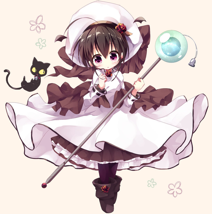 ahoge black_cat black_hair commentary_request dress feline female flower hair_flower hair_ornament hat highres holding holding_staff kokoroke_(kokoroke46) looking_at_viewer nyaa-san pita_ten purple_eyes shia_(pita_ten) short_hair solo staff