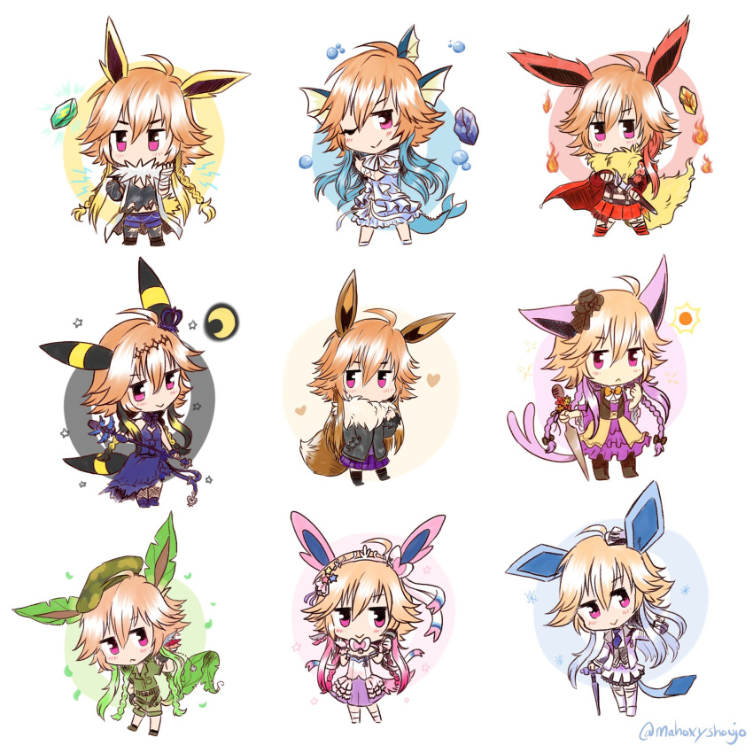 animal_ears bangs bare_shoulders black_hair blonde_hair blue_dress blue_hair braid brown_hair bubble cape chibi creatures_(company) crossover downscaled dress eevee espeon evolutionary_stone eyebrows_visible_through_hair feathers fins fire flareon fluffy frilled_dress frilled_skirt frilled_sleeves frills fur-trimmed_sleeves fur_trim game_freak gen_1_pokemon gen_2_pokemon gen_4_pokemon gen_6_pokemon glaceon green_hair hair_extensions hat heart highres idolmaster idolmaster_cinderella_girls idolmaster_cinderella_girls_starlight_stage jolteon lavender_hair leafeon lightning long_hair mahoxyshoujo md5_mismatch microphone multicolored_hair necktie ninomiya_asuka nintendo orange_hair pink_eyes pink_hair pokemon purple_dress purple_hair red_hair resized ribbon safari_jacket side_braid silver_hair skirt sleeveless sleeveless_dress snow snowflakes star sylveon tail tiara torn_clothes two-tone_hair umbreon vaporeon water weapon white_dress white_hair white_skirt