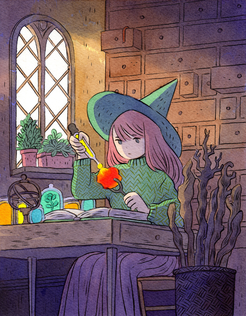 bangs book drawer feet_out_of_frame female green_headwear green_sweater grey_eyes hat heikala highres inktober leaf long_hair long_sleeves molten_rock open_book open_drawer original pink_hair plant potted_plant purple_skirt sitting skirt solo sweater window witch witch_hat