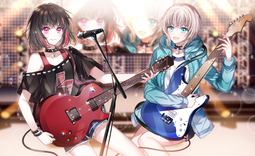 2girls :d aoba_moca aqua_eyes aqua_jacket bang_dream! bass_guitar black_hair black_shirt blurry blurry_background collar commentary_request electric_guitar grey_hair guitar hood hood_down hooded_jacket instrument jacket lightning_bolt_symbol lock long_sleeves microphone_stand mitake_ran multicolored_hair multiple_girls music nennen off-shoulder_shirt off_shoulder open_mouth padlock padlocked_collar playing_instrument plectrum purple_eyes red_hair screen shirt short_hair short_shorts short_sleeves shorts smile stage stage_lights streaked_hair studded studded_bracelet studded_collar truss