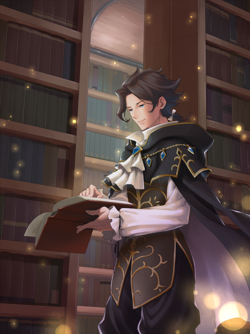 1boy black_cape black_hair blue_eyes book bookshelf bow brooch cape cravat cyrus_(octopath_traveler) esaka gem hairbow highres holding holding_book indoors jewelry library long_sleeves male_focus octopath_traveler open_book ponytail reading short_ponytail sile smile solo standing white_bow